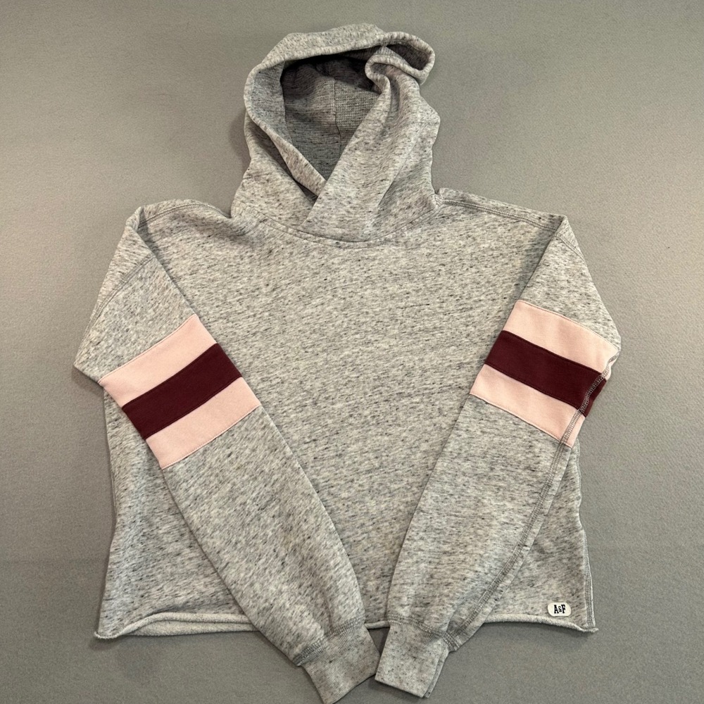Abercrombie & Fitch Hoodie Women XS Gray Striped Sleeve Cropped Pullover